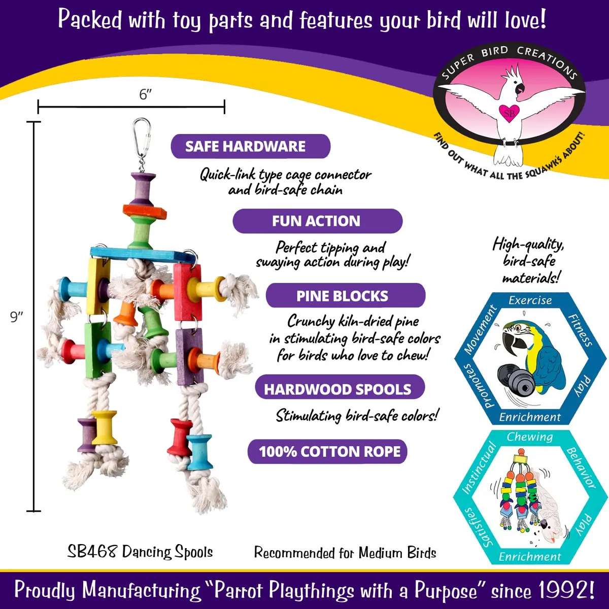 Super Bird Creations Dancing Spools Bird Toy with Cotton Rope for Medium Birds | 33cm (13" L x 8" H x 2" W) - view 2