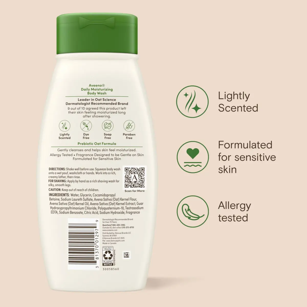 Aveeno Daily Moisturizing Body Wash for Normal to Dry Skin, Sensitive Skin Formula with Prebiotic Oat, 532ml (18 Fl Oz) | Gently Cleanses & Nourishes Dry Skin - view 9