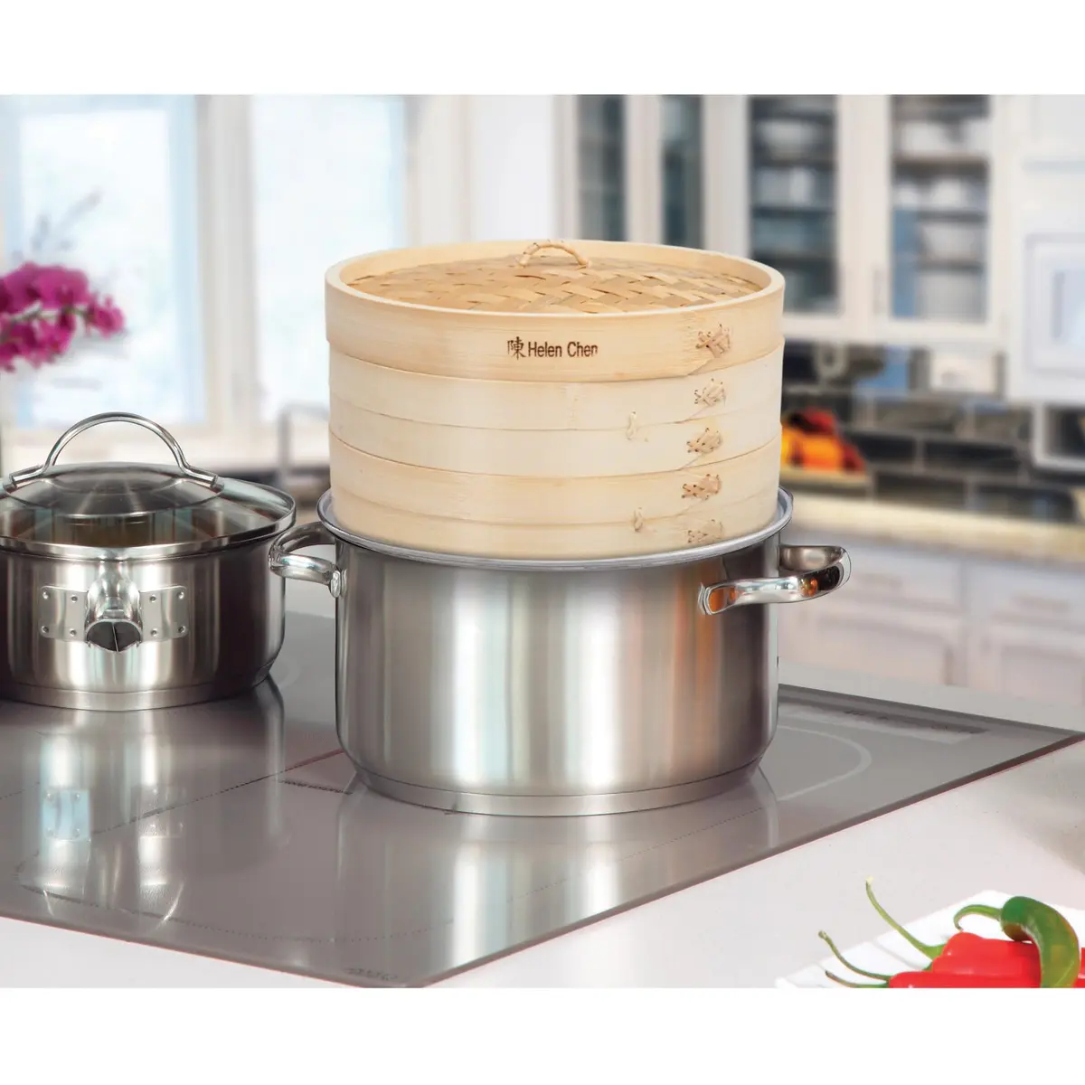 Helen's Asian Kitchen 10-Inch Natural Bamboo Food Steamer Basket with Lid | Traditional 2-Tier Steamer for Dumplings, Dim Sum, Veggies, Fish, Meat - view 6