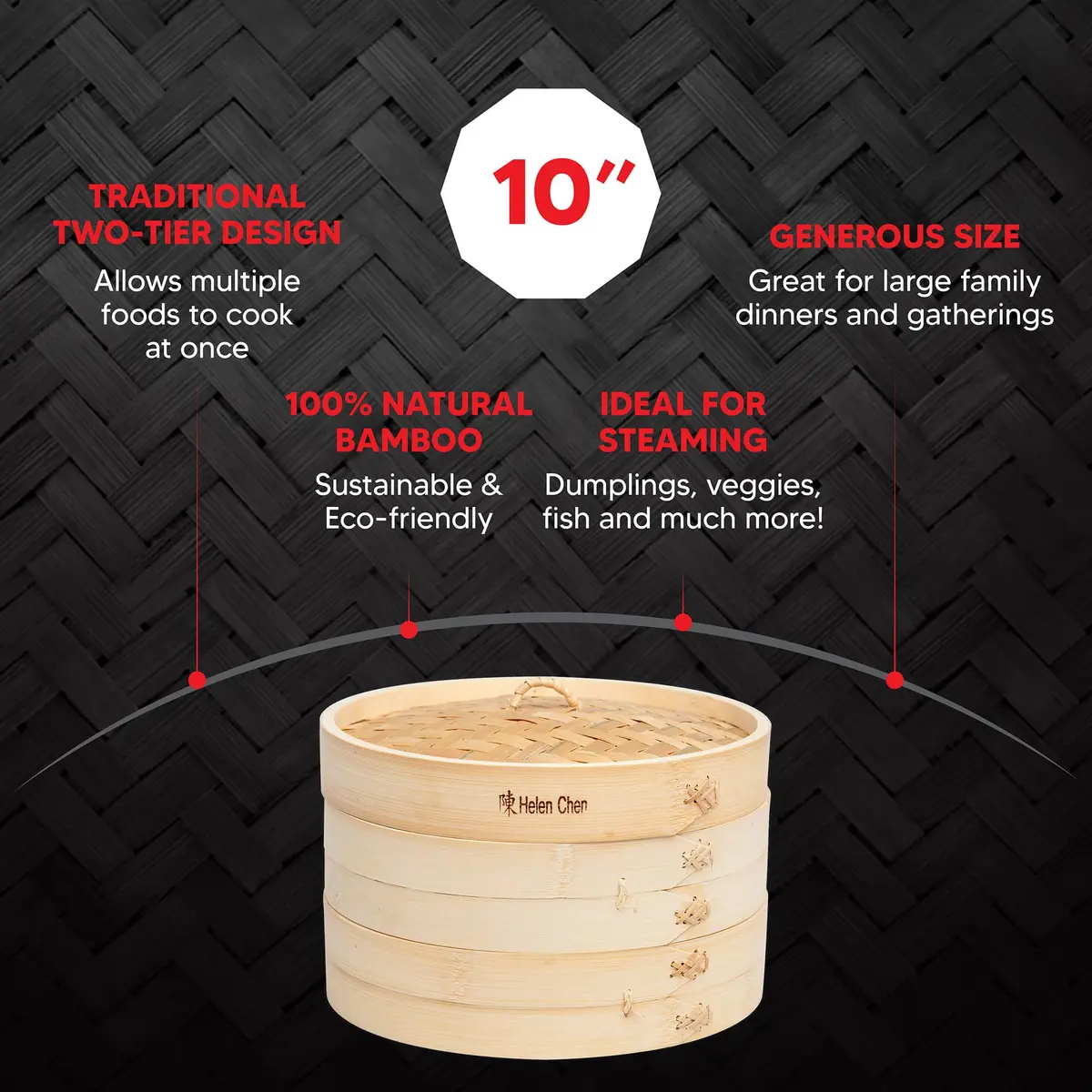 Helen's Asian Kitchen 10-Inch Natural Bamboo Food Steamer Basket with Lid | Traditional 2-Tier Steamer for Dumplings, Dim Sum, Veggies, Fish, Meat - view 4