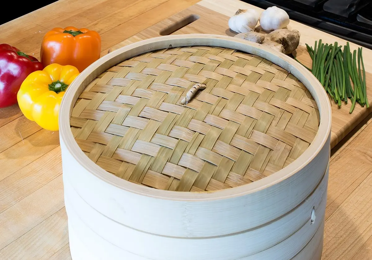 Helen's Asian Kitchen 12-Inch Bamboo Food Steamer with Lid | Natural Bamboo Steamer Basket for Dumplings, Dim Sum, Veggies, Fish, Meat - view 6