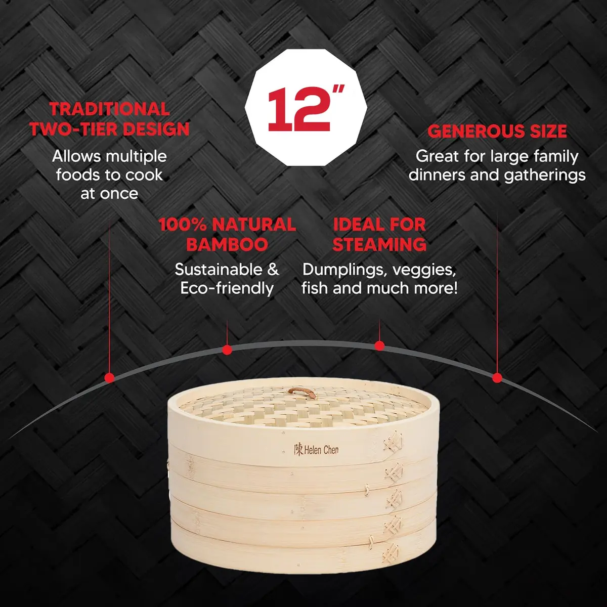 Helen's Asian Kitchen 12-Inch Bamboo Food Steamer with Lid | Natural Bamboo Steamer Basket for Dumplings, Dim Sum, Veggies, Fish, Meat - view 3