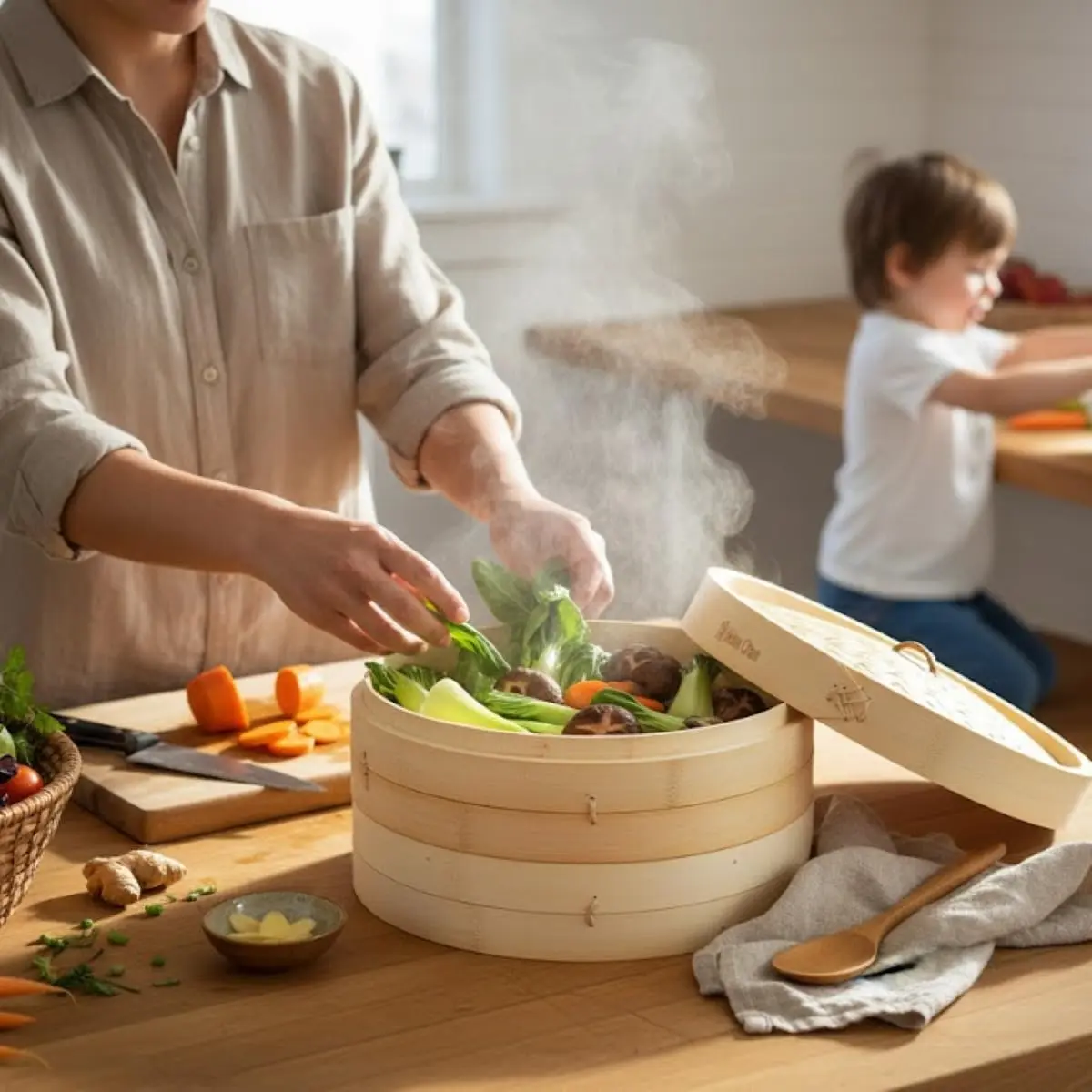 Helen's Asian Kitchen 12-Inch Bamboo Food Steamer with Lid | Natural Bamboo Steamer Basket for Dumplings, Dim Sum, Veggies, Fish, Meat - view 4