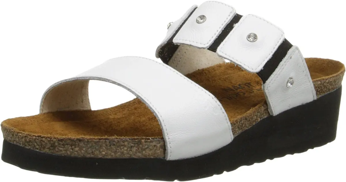 NAOT Ashley Wedge Sandal, White Leather, 40 EU/8.5-9 M US | Feminine slip-on with rhinestone accents - main product image