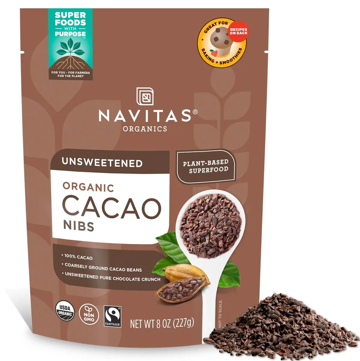 Navitas Organics Cacao Nibs – Unsweetened Dark Chocolate Crunch – Antioxidants, Minerals, Fiber – For Trail Mix, Baking & More (8oz) - main product image