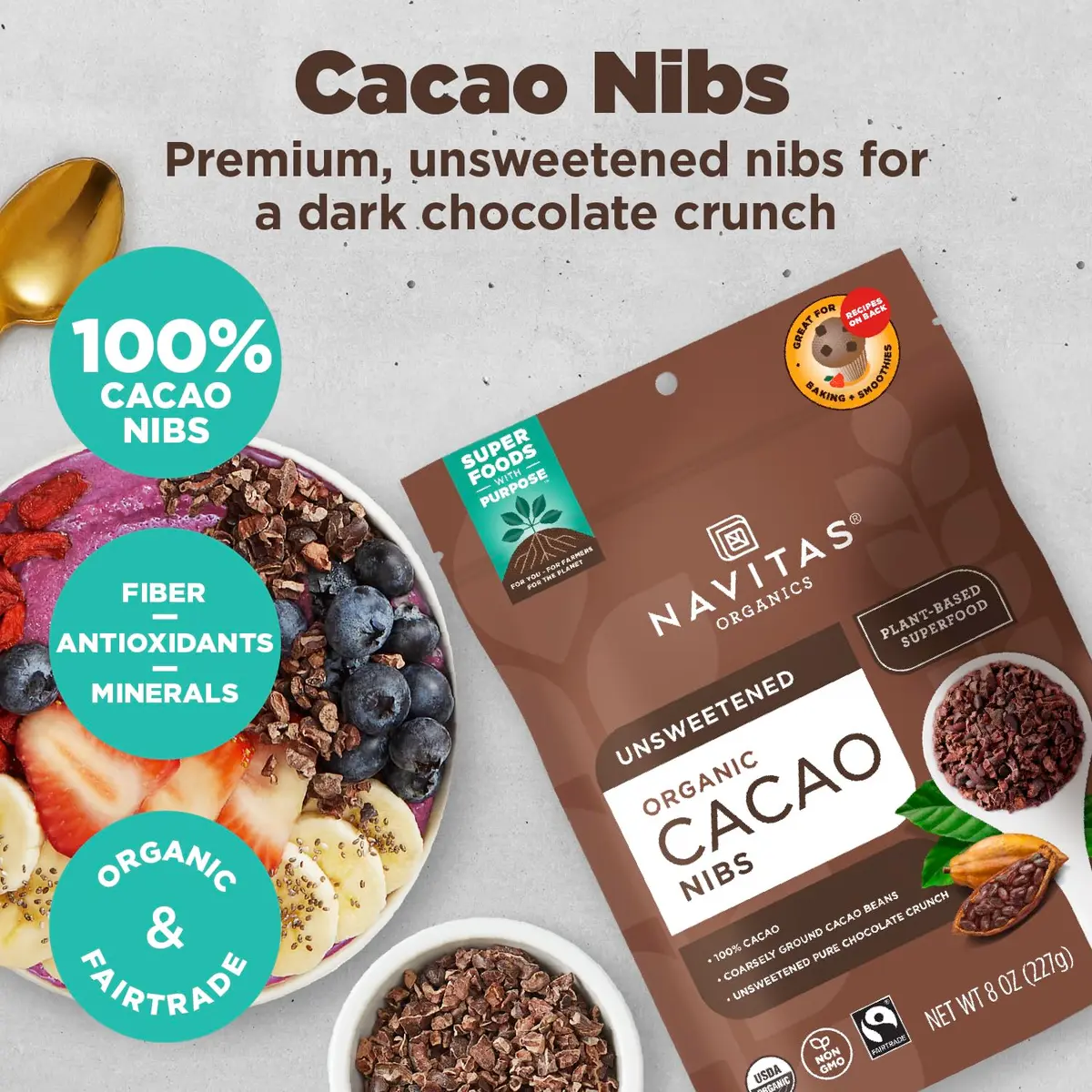 Navitas Organics Cacao Nibs – Unsweetened Dark Chocolate Crunch – Antioxidants, Minerals, Fiber – For Trail Mix, Baking & More (8oz) - view 2