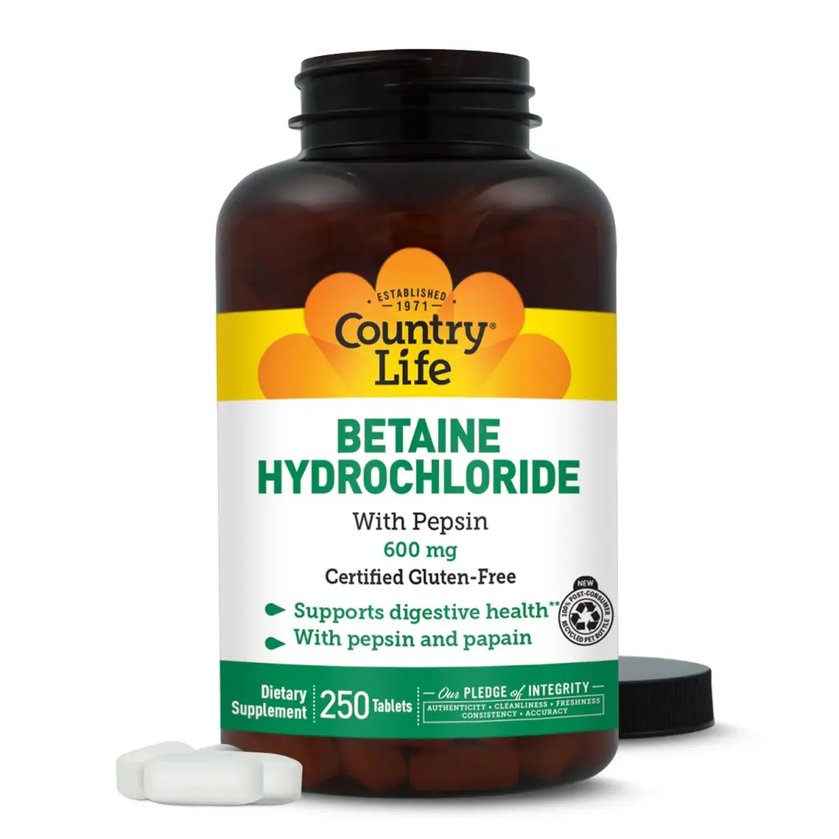 Country Life Betaine Hydrochloride with Pepsin 600 mg 250 Tablets | Supports Digestive Health - view 2