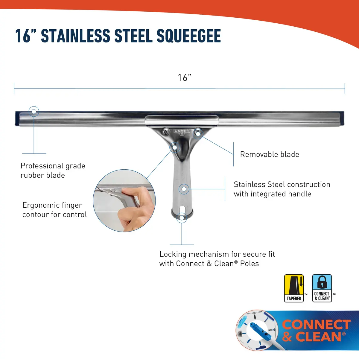 Unger Professional 16-inch Stainless Steel Window Squeegee with Rubber Blade | Streak-Free Cleaning for Homes and Offices - view 3