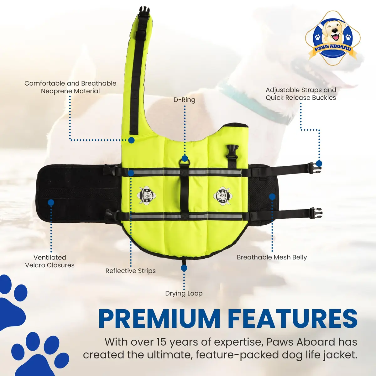 Paws Aboard Reflective Dog Life Jacket with Handle (Neon Yellow, Medium) | Buoyant, Breathable & Adjustable for Water Safety - view 4