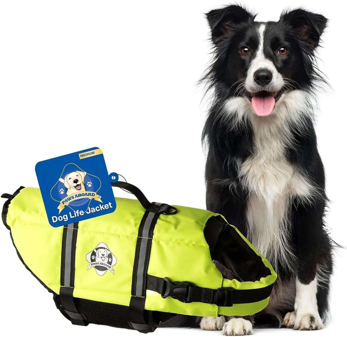 Paws Aboard Reflective Dog Life Jacket with Handle (Neon Yellow, Medium) | Buoyant, Breathable & Adjustable for Water Safety - main product image
