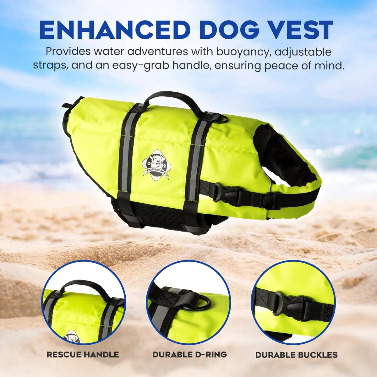 Paws Aboard Reflective Dog Life Jacket with Handle (Neon Yellow, Medium) | Buoyant, Breathable & Adjustable for Water Safety - view 3