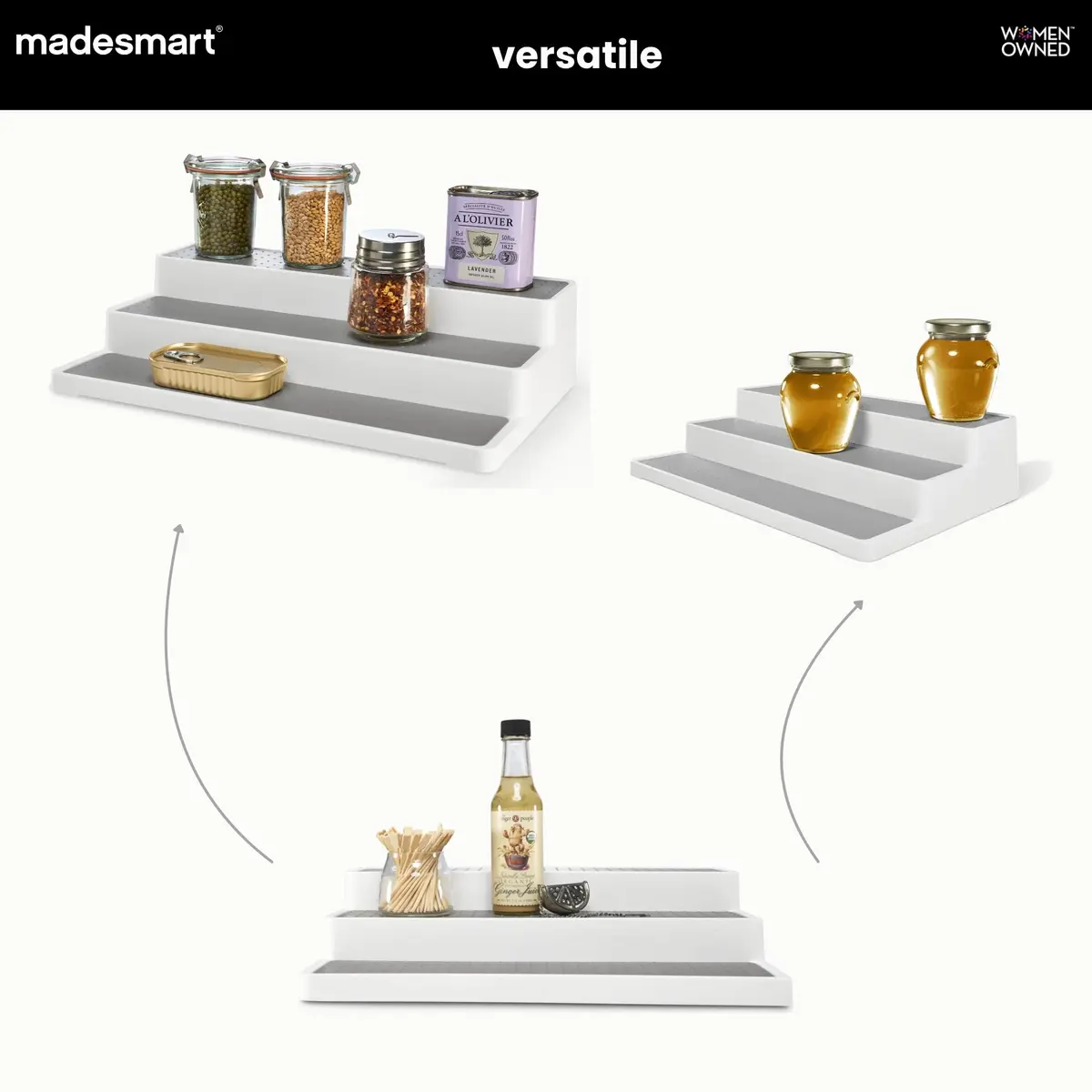 madesmart Three Tier Cabinet Shelf, White | Kitchen & Pantry Organizer with Non-slip & BPA-Free (14.75 x 9.75 x 3.50 in) - view 5