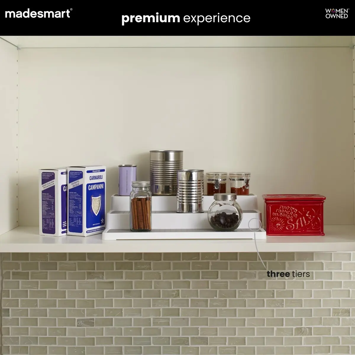 madesmart Three Tier Cabinet Shelf, White | Kitchen & Pantry Organizer with Non-slip & BPA-Free (14.75 x 9.75 x 3.50 in) - view 2