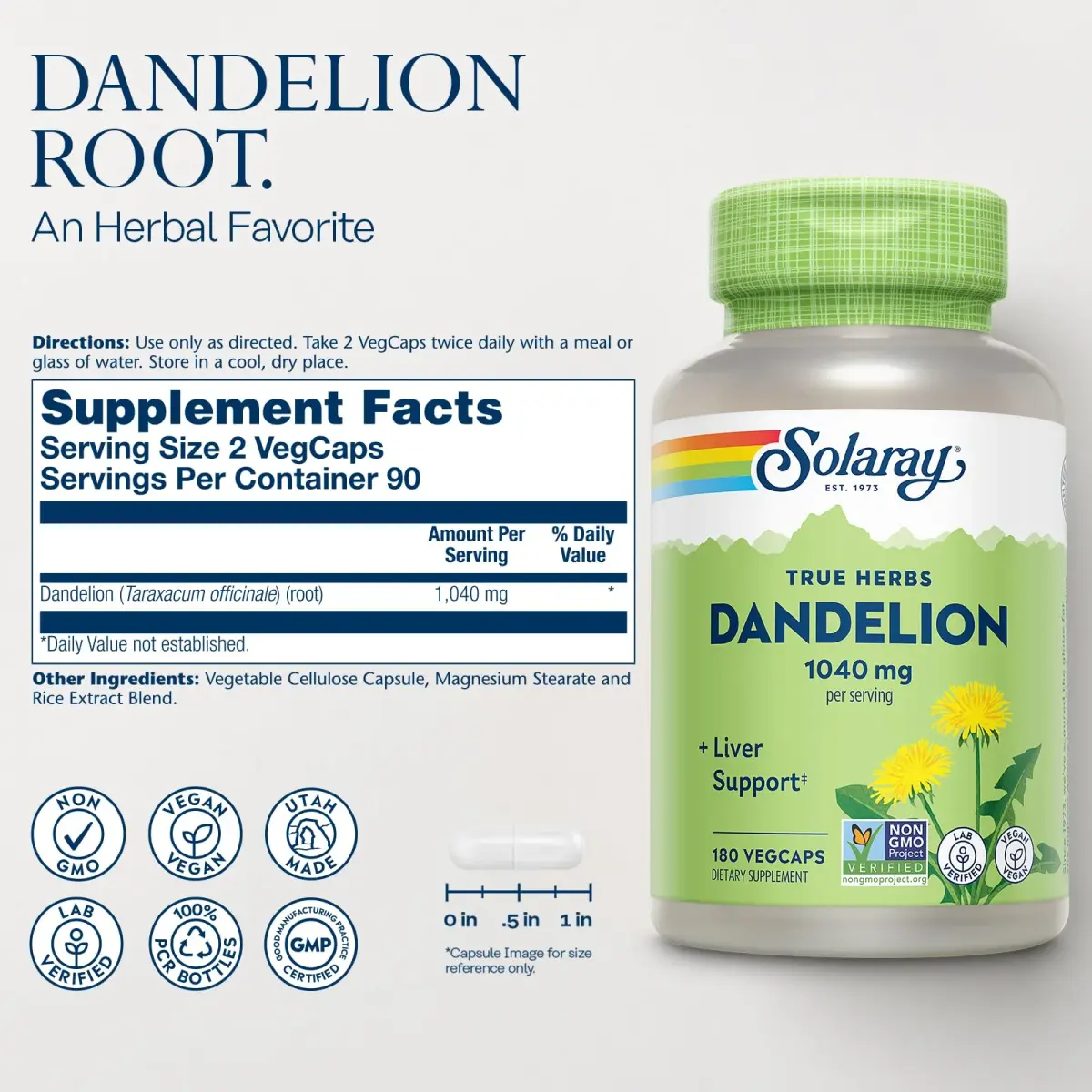 Solaray Dandelion Root 1040 mg (180 Count) | Liver, Kidney & Digestion Support | Non-GMO, Vegan - view 2