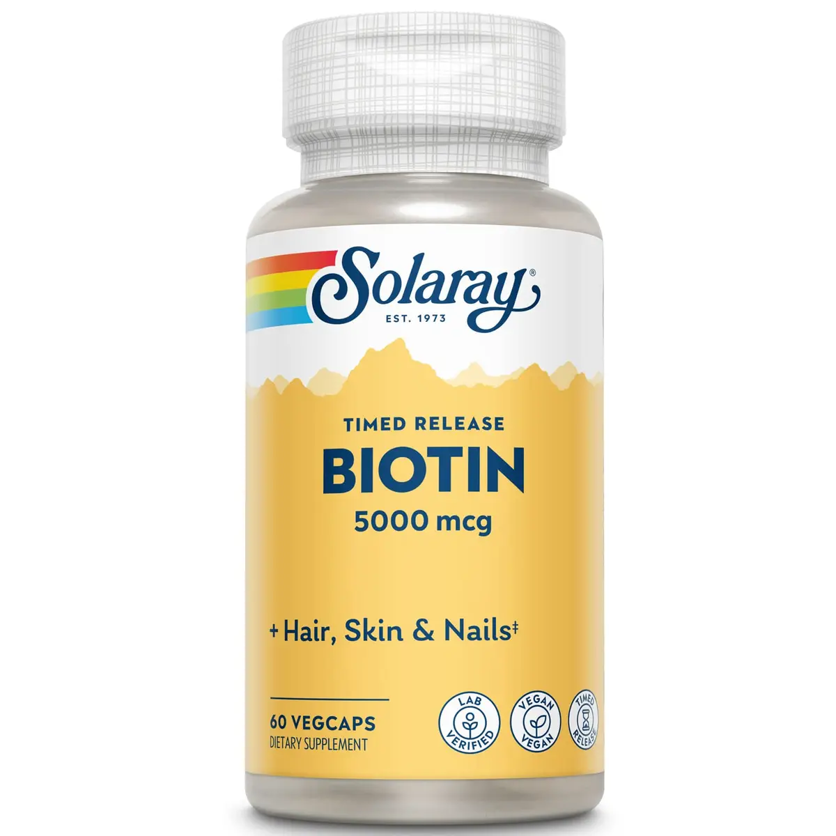Solaray Timed-Release Biotin 5000 mcg | Vegan Capsules for Hair, Skin & Nails (70-120c) - main product image