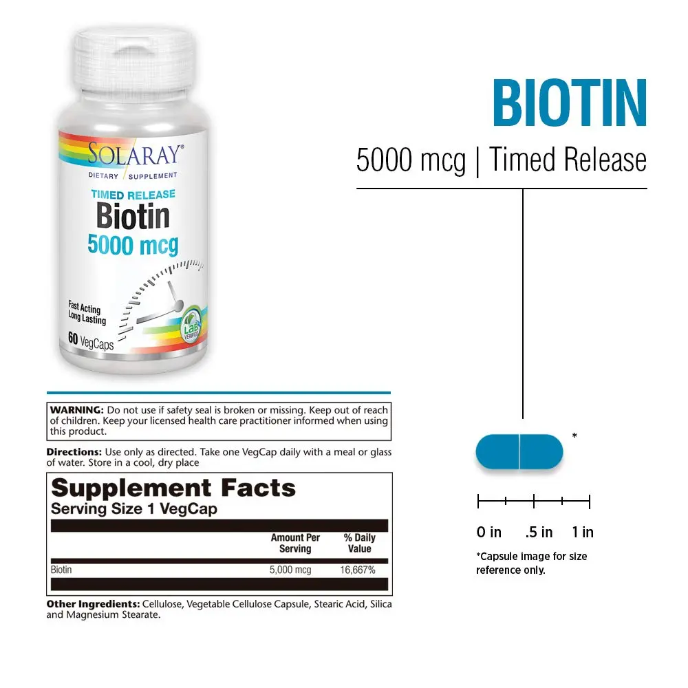 Solaray Timed-Release Biotin 5000 mcg | Vegan Capsules for Hair, Skin & Nails (70-120c) - view 2