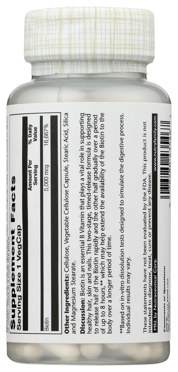 Solaray Timed-Release Biotin 5000 mcg | Vegan Capsules for Hair, Skin & Nails (70-120c) - view 3