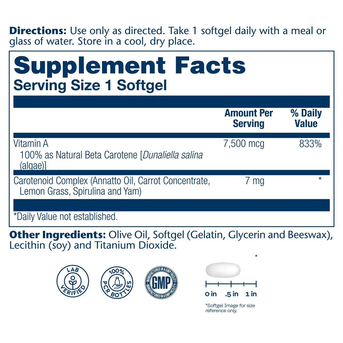 SOLARAY Food Carotene 7500mcg (25000 IU) | Vitamin A Supplement for Eyes & Skin, Plant Sourced, 200 Softgels - view 2