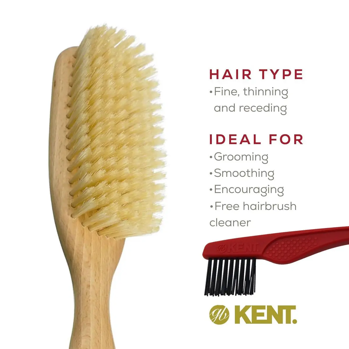 KENT LS9D Satinwood Boar Bristle Hair Brush for Thin Hair | Ergonomic, Soft, Made in England - view 2