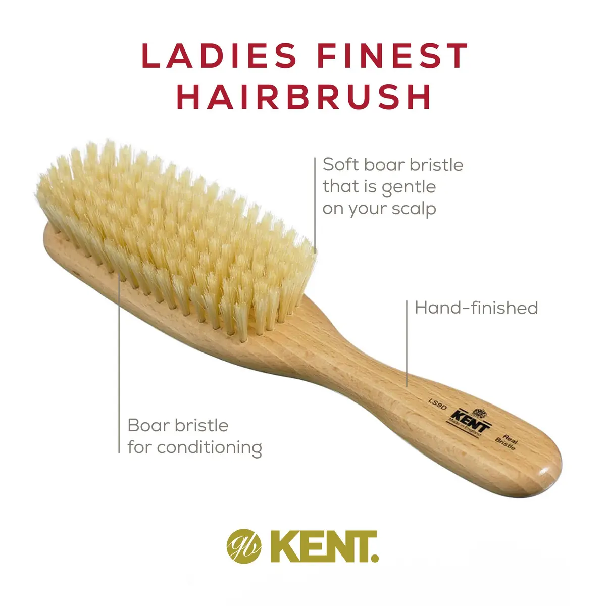 KENT LS9D Satinwood Boar Bristle Hair Brush for Thin Hair | Ergonomic, Soft, Made in England - view 4