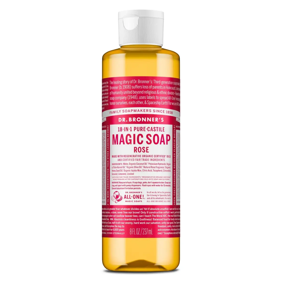 Dr. Bronner's Rose Pure-Castile Liquid Soap 237ml (8 Fl Oz) | 18-in-1 Uses: Body Wash, Hand Soap, Shampoo, Laundry & More - main product image