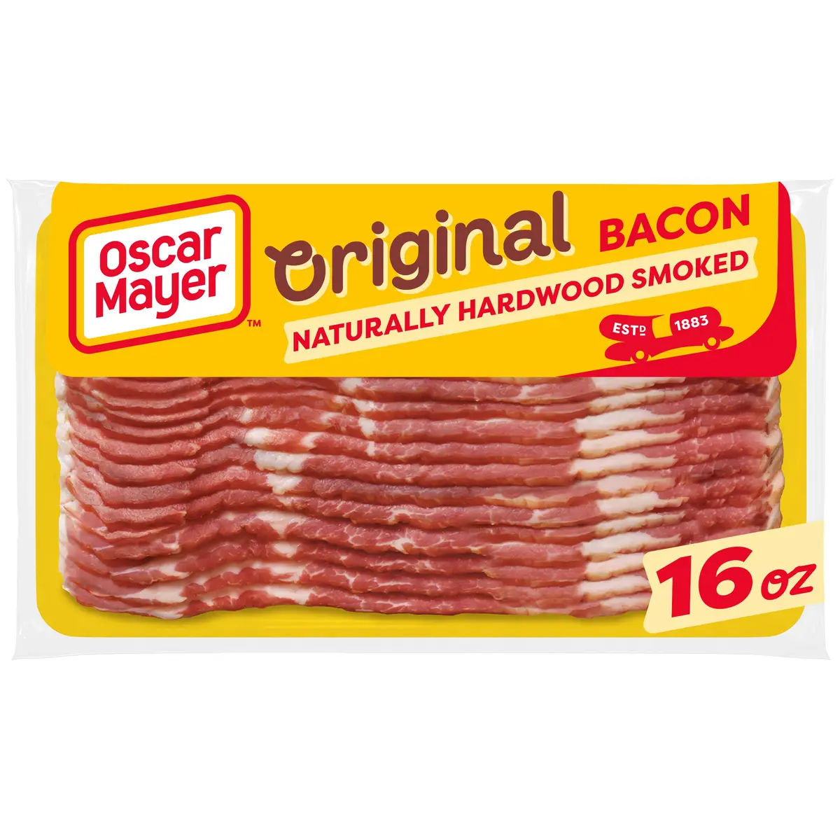 Oscar Mayer Naturally Hardwood Smoked Bacon 16 oz | Crispy, Hand-Trimmed Pork Slices - main product image