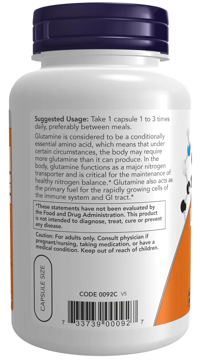 NOW Supplements, L-Glutamine 500 mg | Supports Immune & Recovery, 120 Veg Caps - view 2