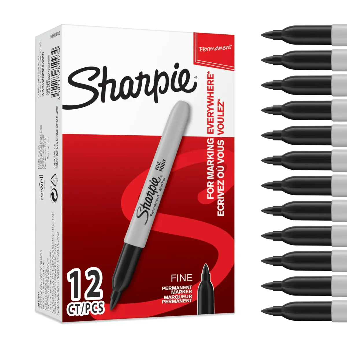 Sharpie Permanent Markers, Fine Point, Black, 12 Count | Fade & Water Resistant - main product image