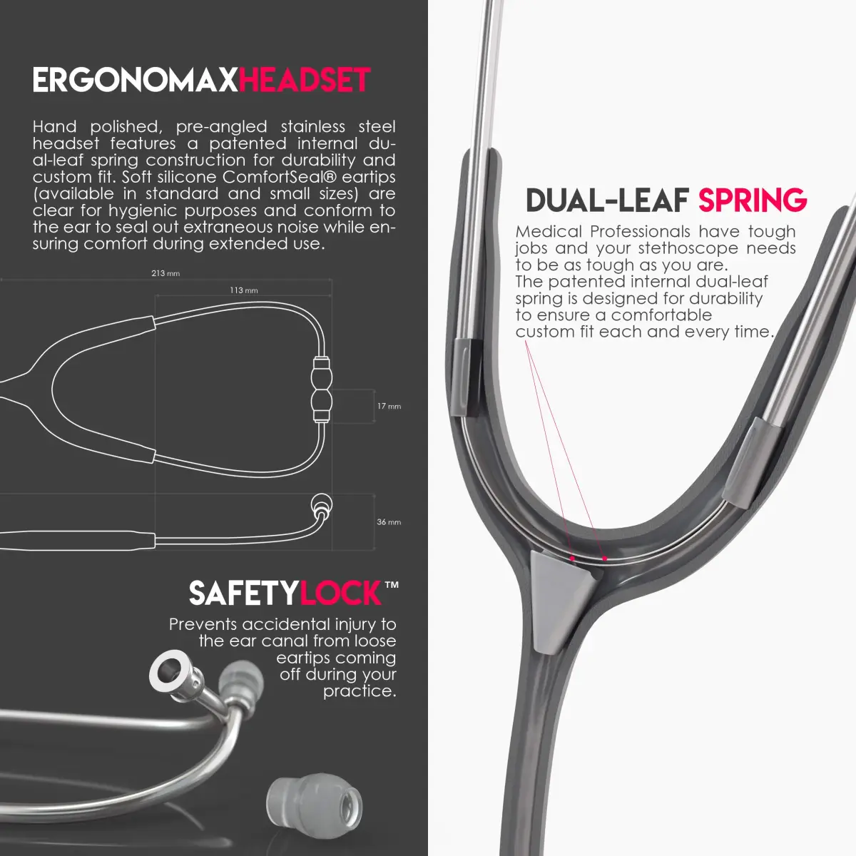 MDF Instruments Acoustica Lightweight Stethoscope | 79.25 cm (31.2 inches) Dual Head, Grey Tube, Silver Chestpiece - view 5