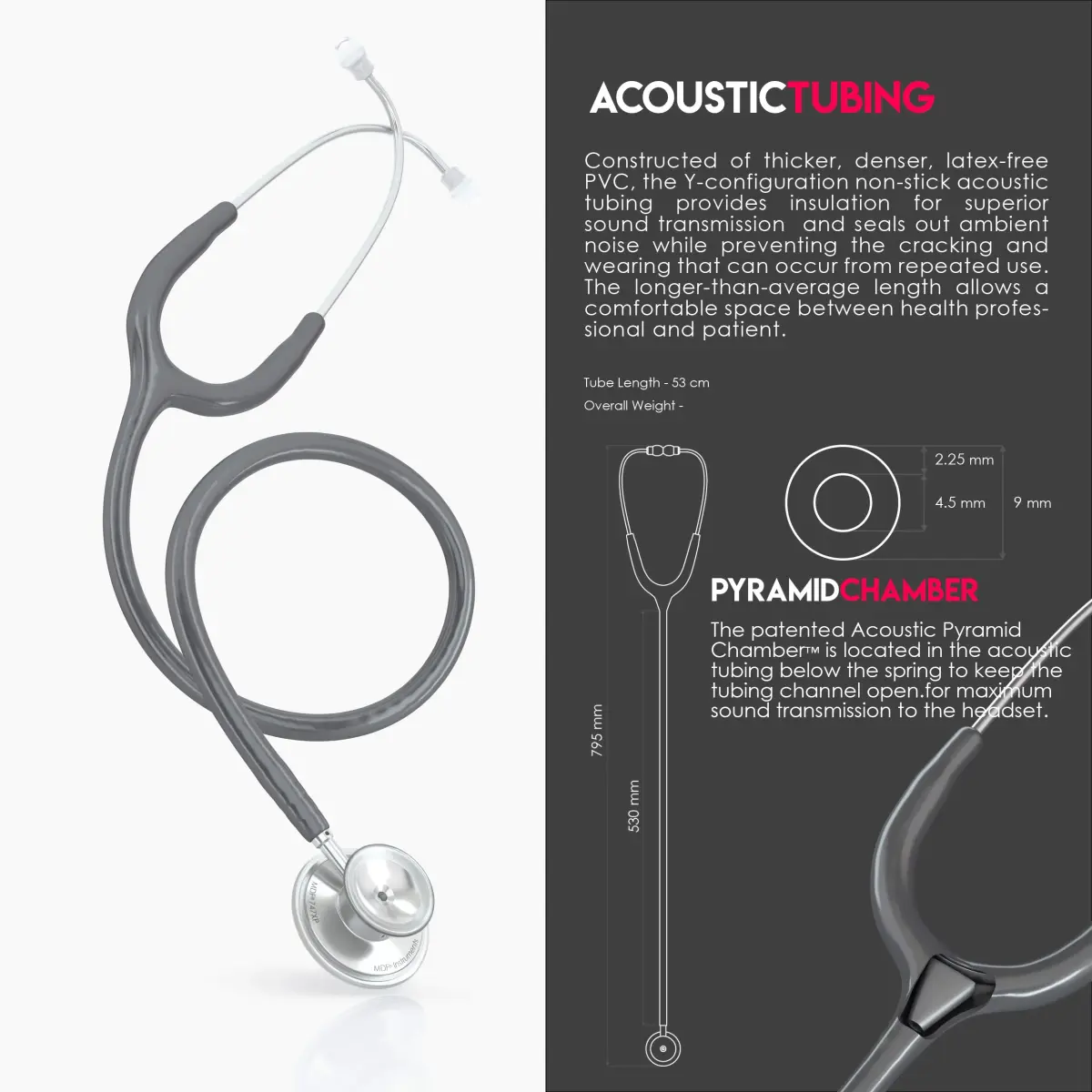 MDF Instruments Acoustica Lightweight Stethoscope | 79.25 cm (31.2 inches) Dual Head, Grey Tube, Silver Chestpiece - view 6