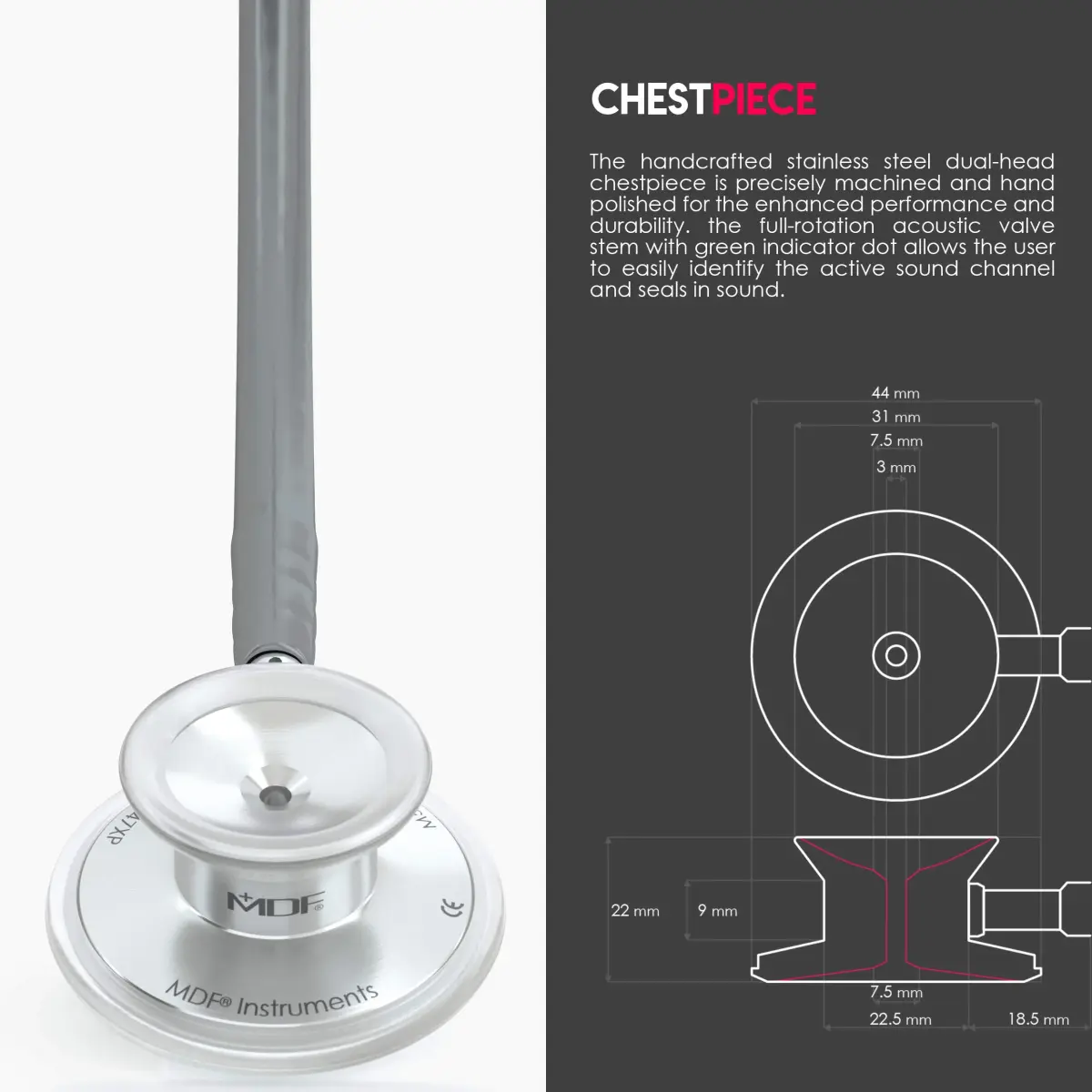 MDF Instruments Acoustica Lightweight Stethoscope | 79.25 cm (31.2 inches) Dual Head, Grey Tube, Silver Chestpiece - view 4