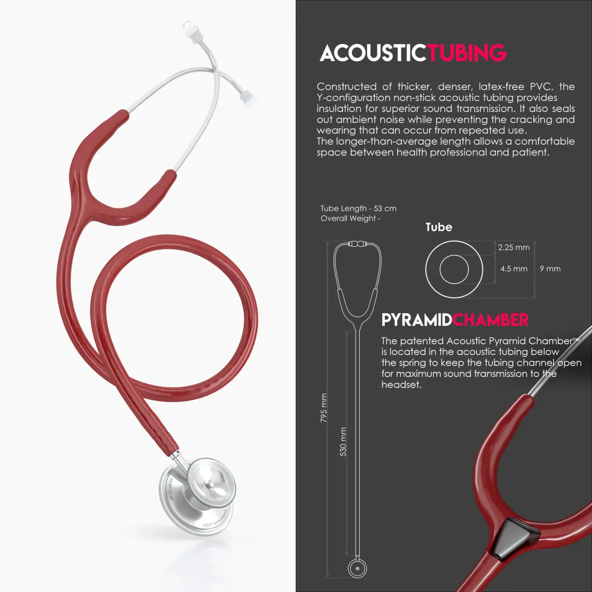 MDF Instruments Acoustica Lightweight Stethoscope | Dual Head, Burgundy Tube, Silver Chestpiece, 2.27 kg (5 lb) - view 6