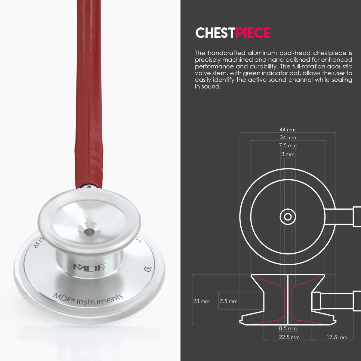 MDF Instruments Acoustica Lightweight Stethoscope | Dual Head, Burgundy Tube, Silver Chestpiece, 2.27 kg (5 lb) - view 4