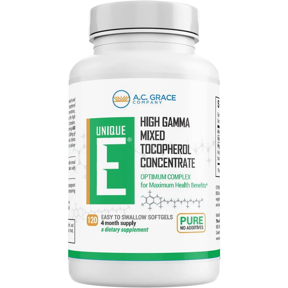 UNIQUE E A.C. Grace Company Mixed Tocopherols 120 Soft Gels | Supports Brain & General Health - main product image