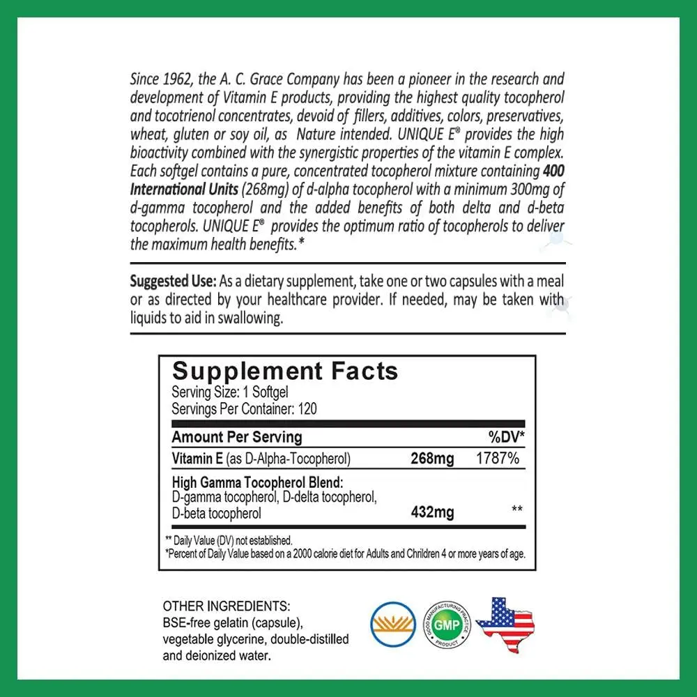 UNIQUE E A.C. Grace Company Mixed Tocopherols 120 Soft Gels | Supports Brain & General Health - view 6