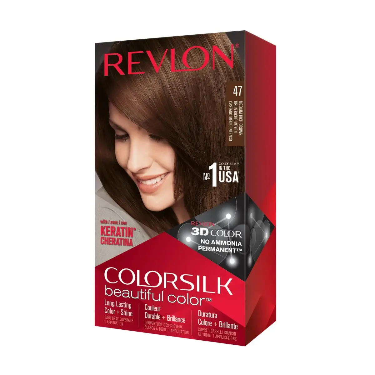 Revlon Colorsilk Permanent Hair Color 47 Medium Rich Brown | Ammonia-Free, Keratin & Silk Amino Acids, 125ml (4.4 Oz) - main product image