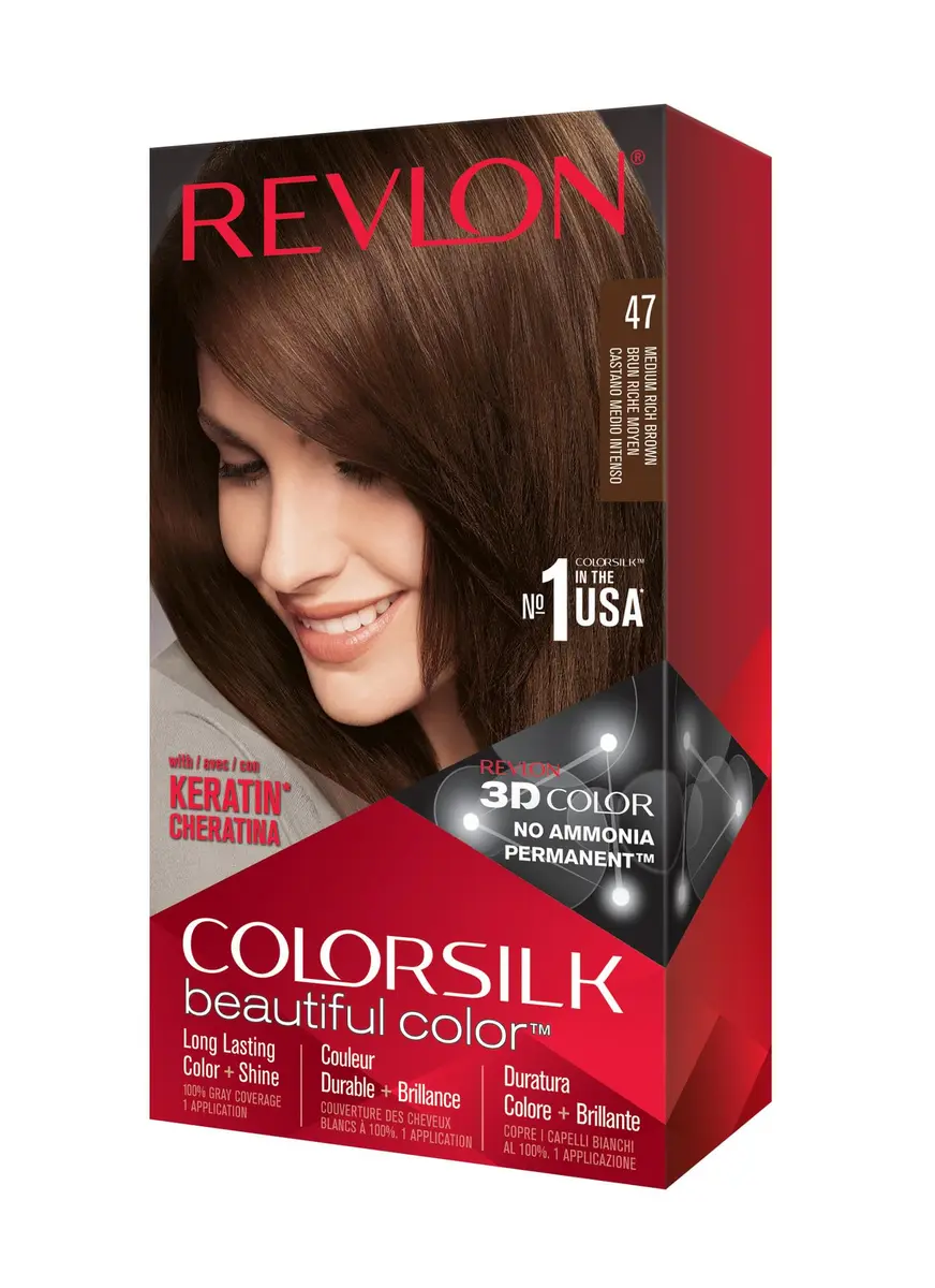 Revlon Colorsilk Permanent Hair Color 47 Medium Rich Brown | Ammonia-Free, Keratin & Silk Amino Acids, 125ml (4.4 Oz) - main product image