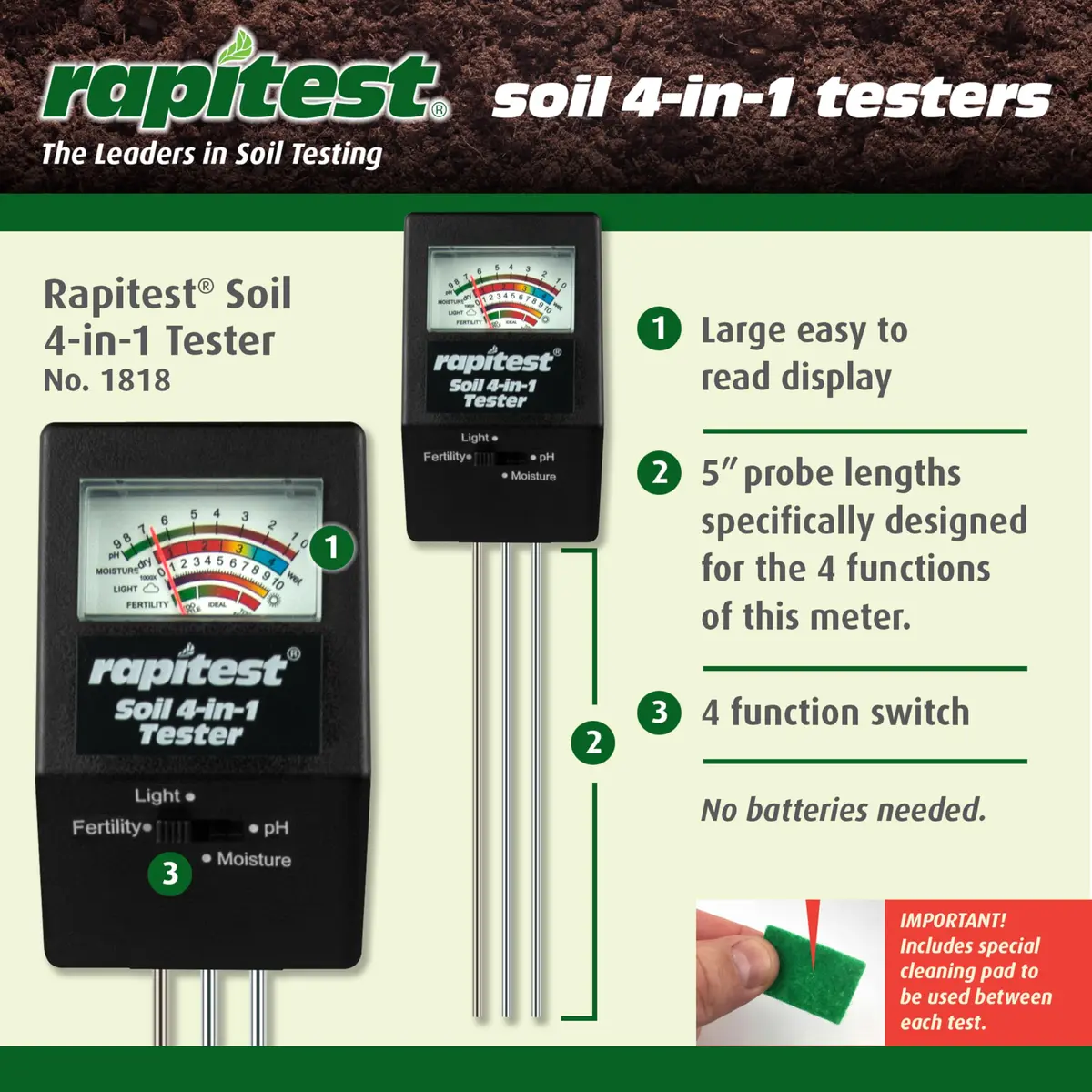 Luster Leaf 1818 Rapitest 4-in-1 Soil pH/Moisture/Fertility/Light Tester, Fertility - view 5