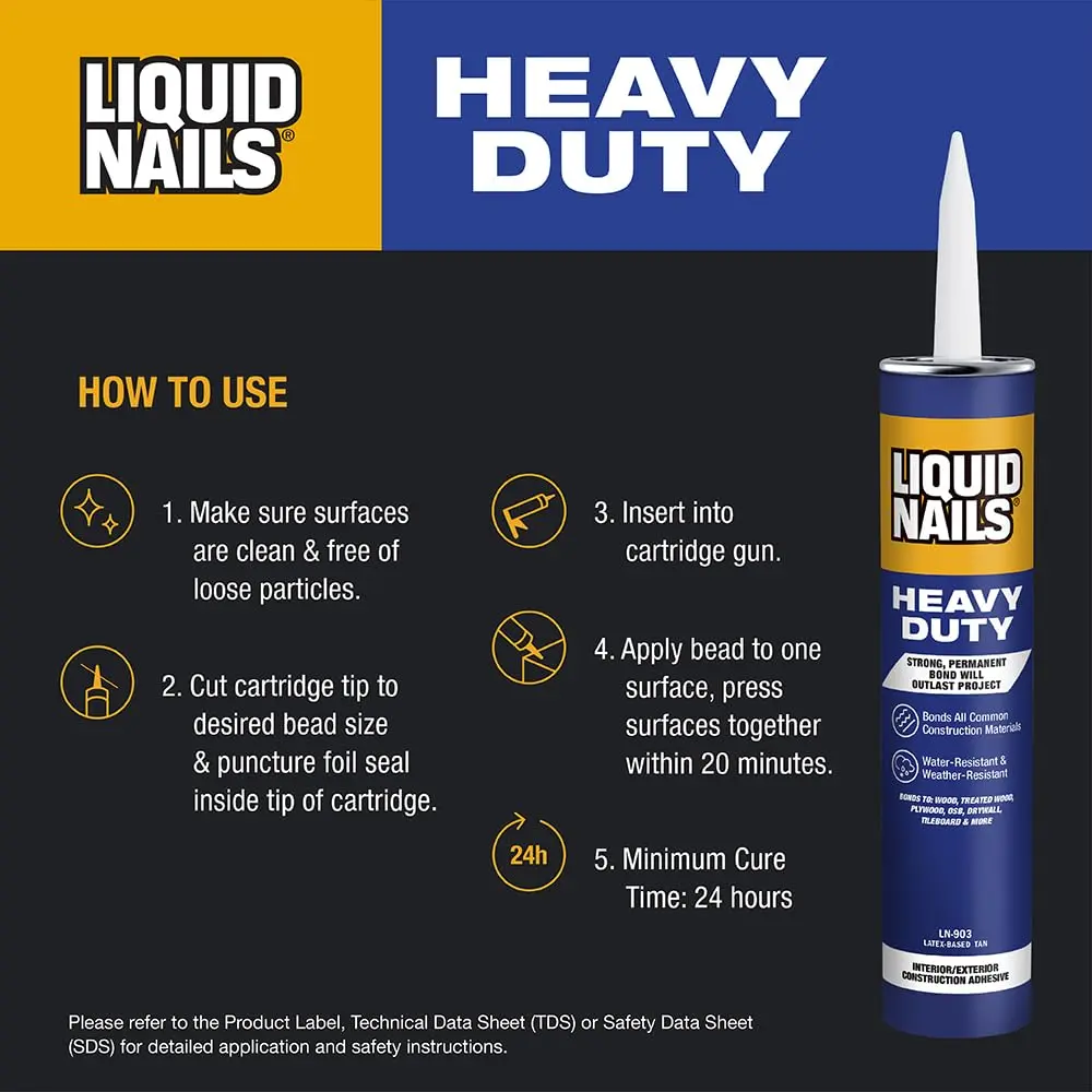 Liquid Nails Heavy Duty Construction Adhesive 10 oz | Impact-Resistant, Waterproof Bond for Heavy Materials - view 3