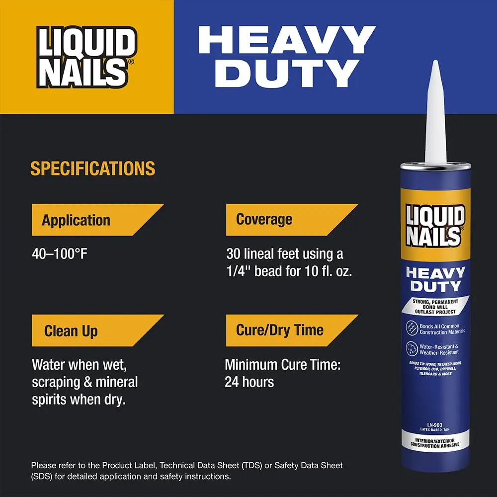 Liquid Nails Heavy Duty Construction Adhesive 10 oz | Impact-Resistant, Waterproof Bond for Heavy Materials - view 4