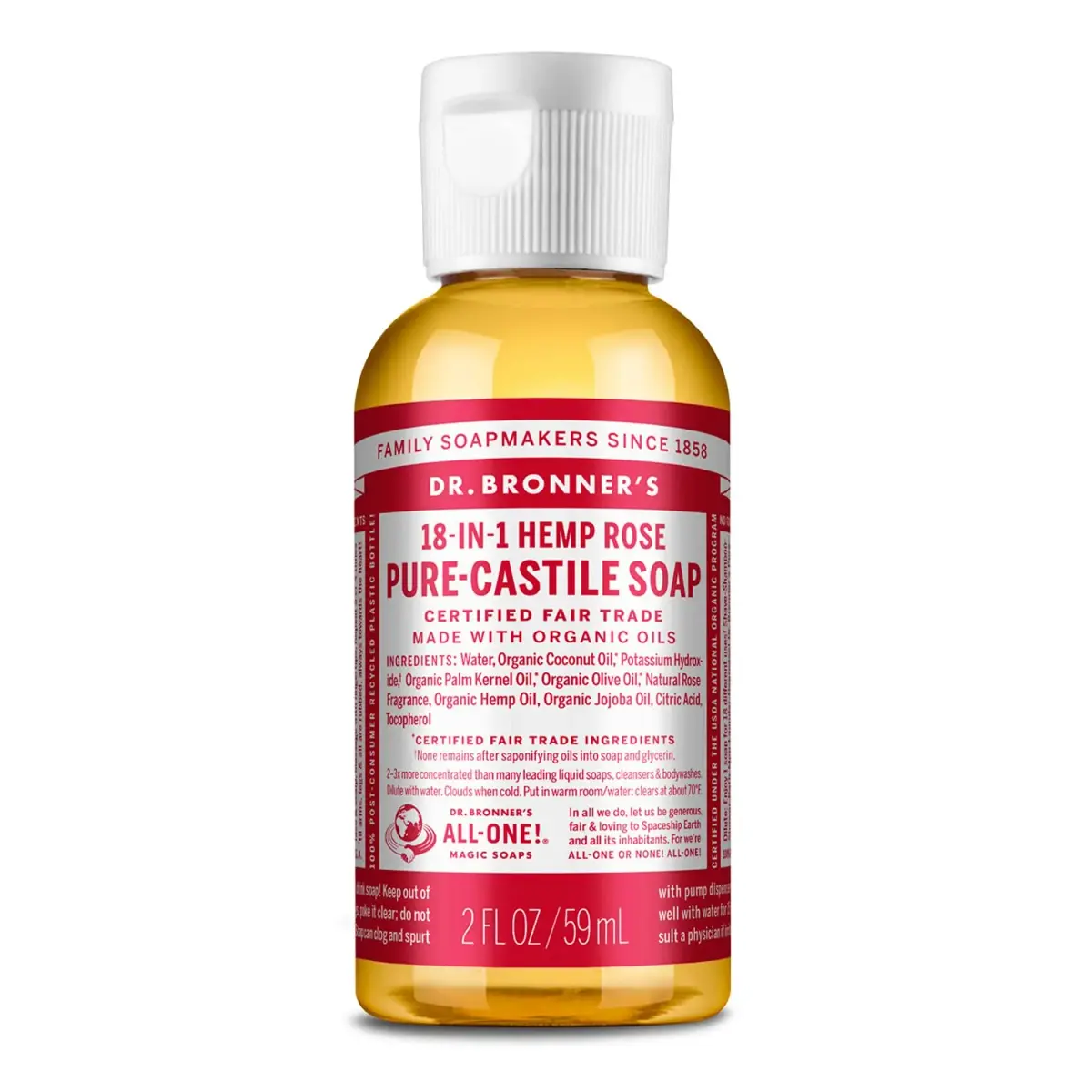 Dr. Bronner's Pure-Castile Liquid Soap Rose 59ml (2 Fl Oz) | Concentrated 18-in-1 Uses for Face, Body, Hair, Laundry, Pets & Dishes - main product image