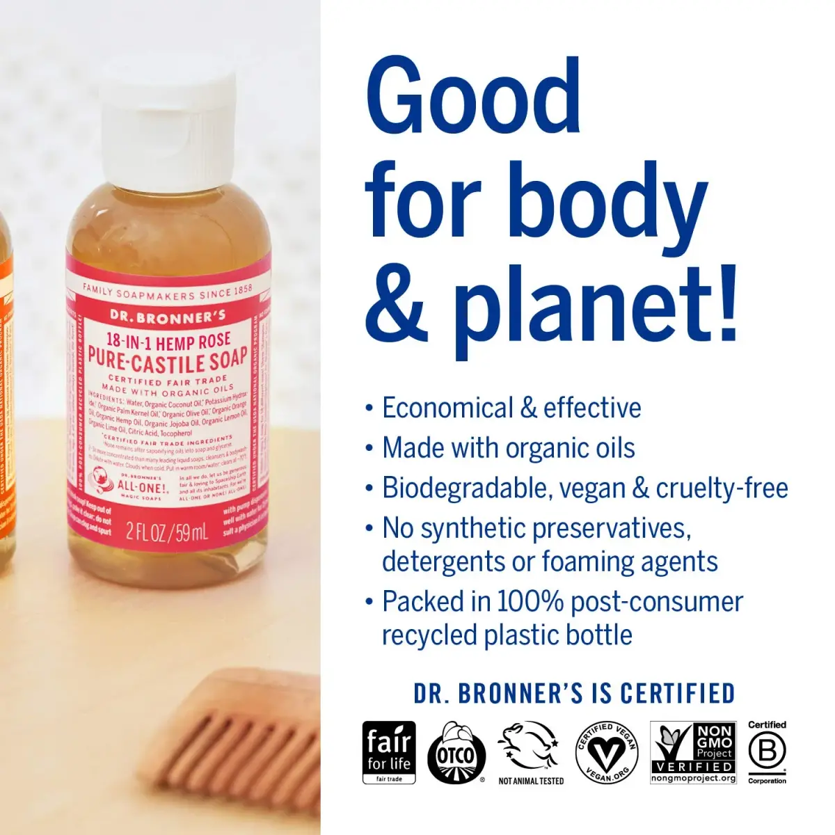 Dr. Bronner's Pure-Castile Liquid Soap Rose 59ml (2 Fl Oz) | Concentrated 18-in-1 Uses for Face, Body, Hair, Laundry, Pets & Dishes - view 4