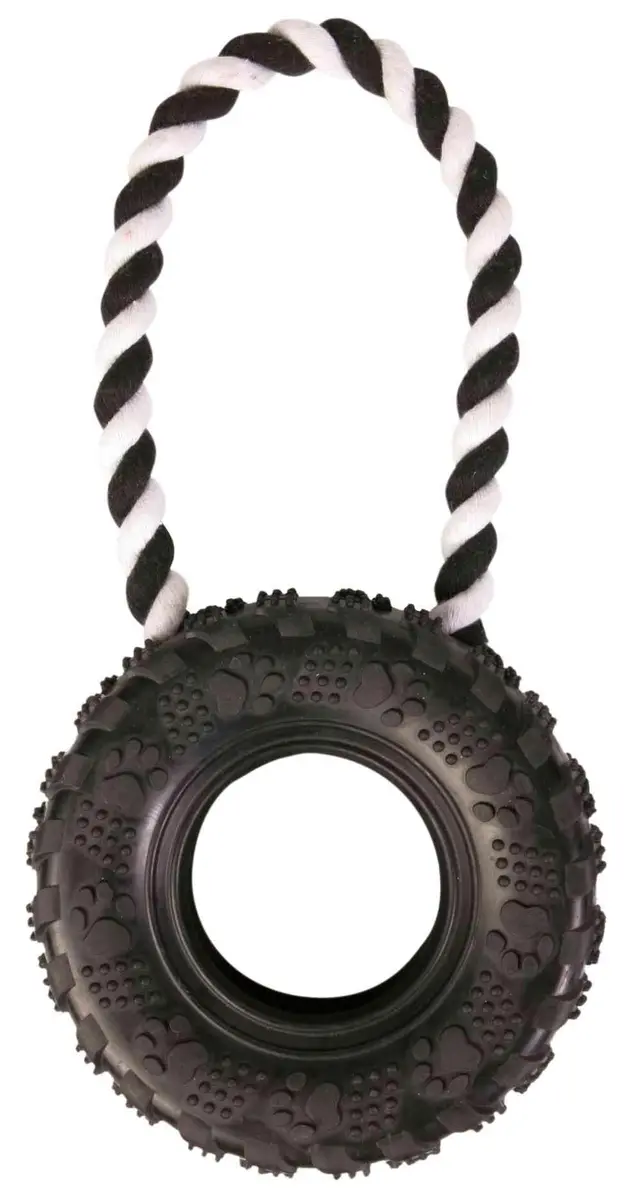 TRIXIE Tyre on Rope Natural Rubber ø 15 cm x 32 cm | Heavy Duty Dog Toy for Medium & Large Breeds - main product image