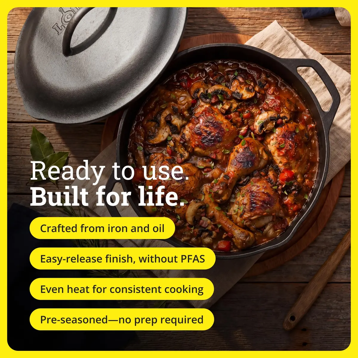 Lodge Cast Iron Dutch Oven with Loop Handle, Oven-Safe, 7 Quart (6.6 L) | Even Heat Distribution for Sourdough & Braises - view 2