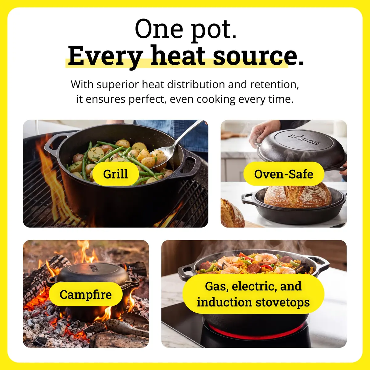 Lodge Cast Iron Dutch Oven with Loop Handle, Oven-Safe, 7 Quart (6.6 L) | Even Heat Distribution for Sourdough & Braises - view 4