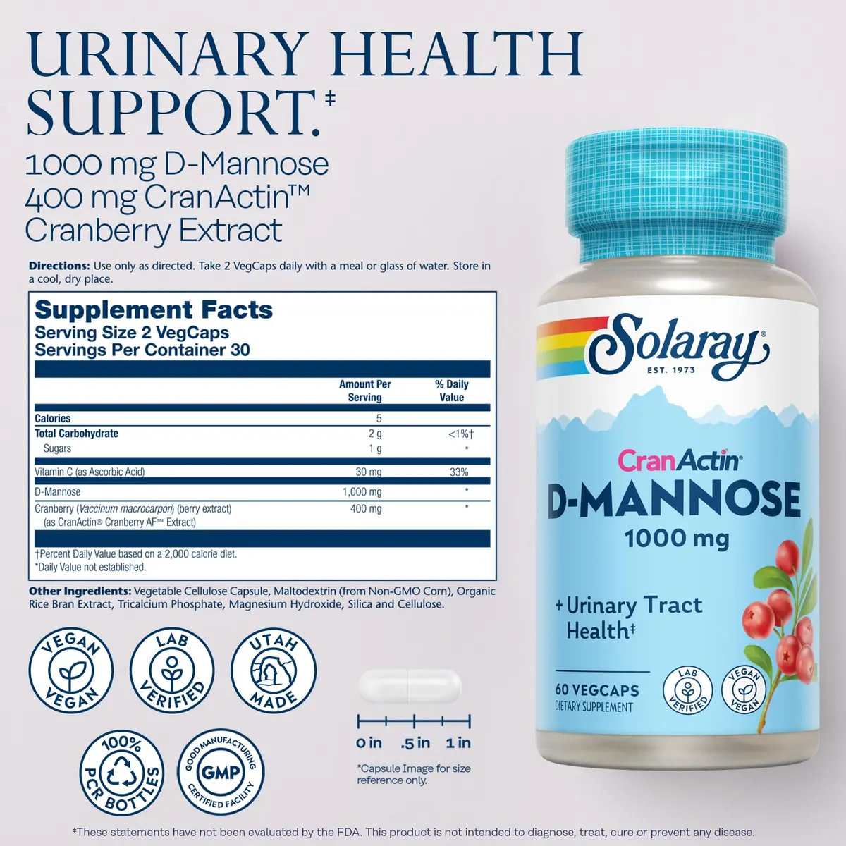 SOLARAY D-Mannose with CranActin Cranberry Supplement 60 Count | Urinary Tract Support & Wellness - view 2