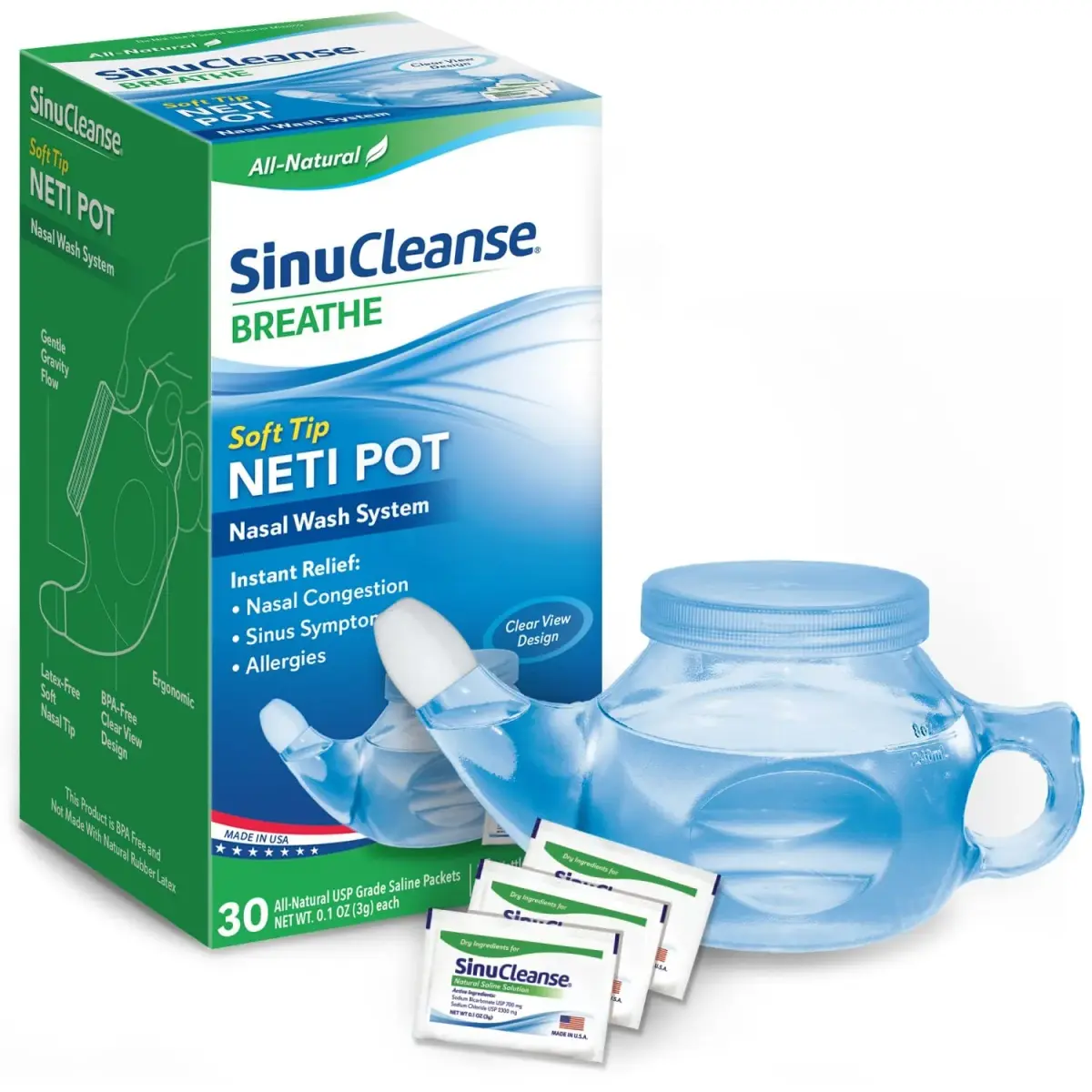 SinuCleanse Soft Tip Neti Pot Sinus Rinse System with 30 Saline Packets | All-Natural Nasal Wash for Cold, Flu, Allergy Relief - main product image