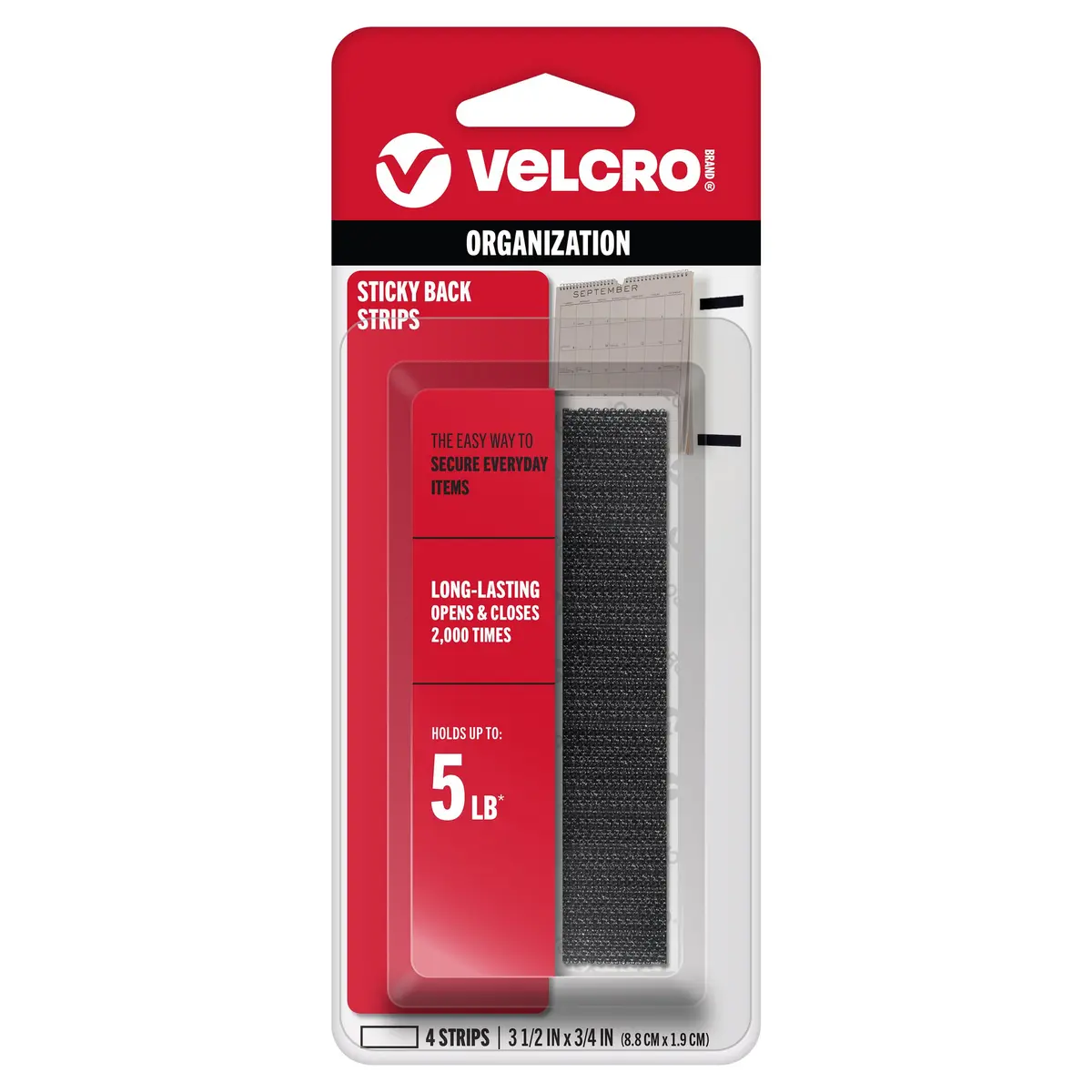 VELCRO Brand Sticky Back Strips | 4 Strips (3.5 x 0.75 In) Black | Hook and Loop Fasteners for Organization - main product image