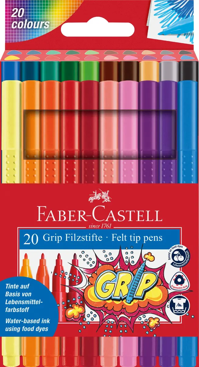 Faber-Castell Grip Color Markers - 20 Washable Fineline Markers | Ergonomic, Rehydratable, Non-Toxic, for Kids & Adults - main product image