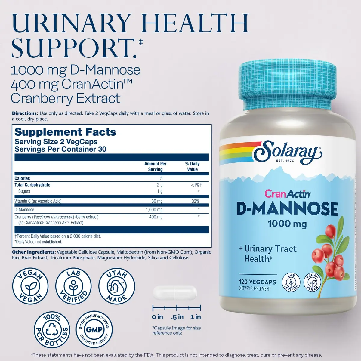 SOLARAY D-Mannose with CranActin Cranberry Supplement 120 Count | Urinary Support & Antioxidant Boost - view 2